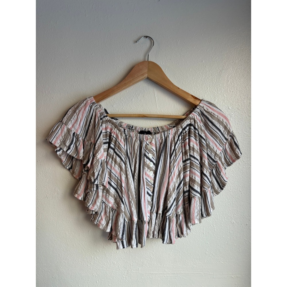 ANGIE Womens Striped‎ Off The Shoulder Ruffle Crop Top Blouse Size Large
